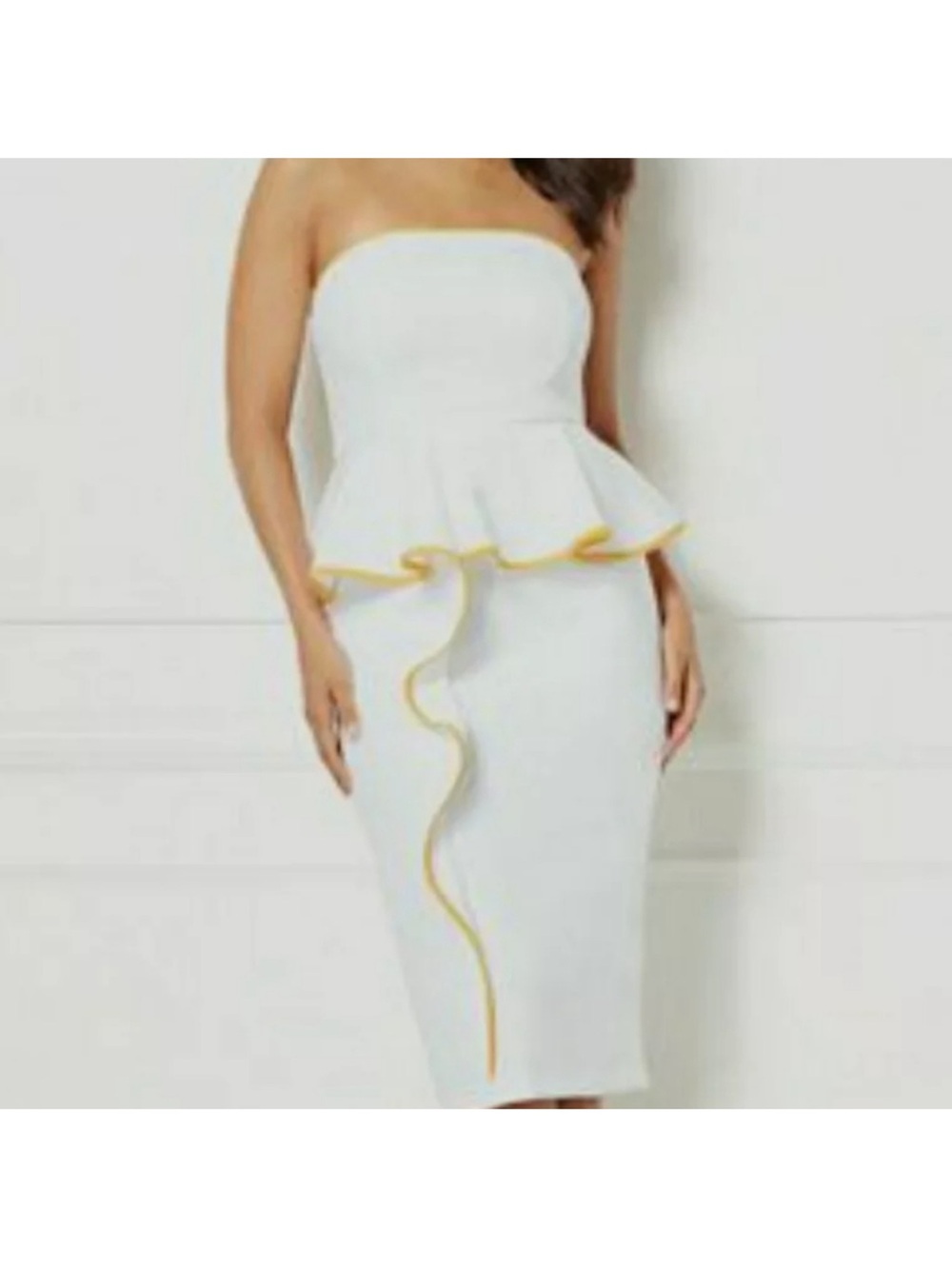 eva mendes for New York & Company White Strapless Peplum Dress with Yellow Trim